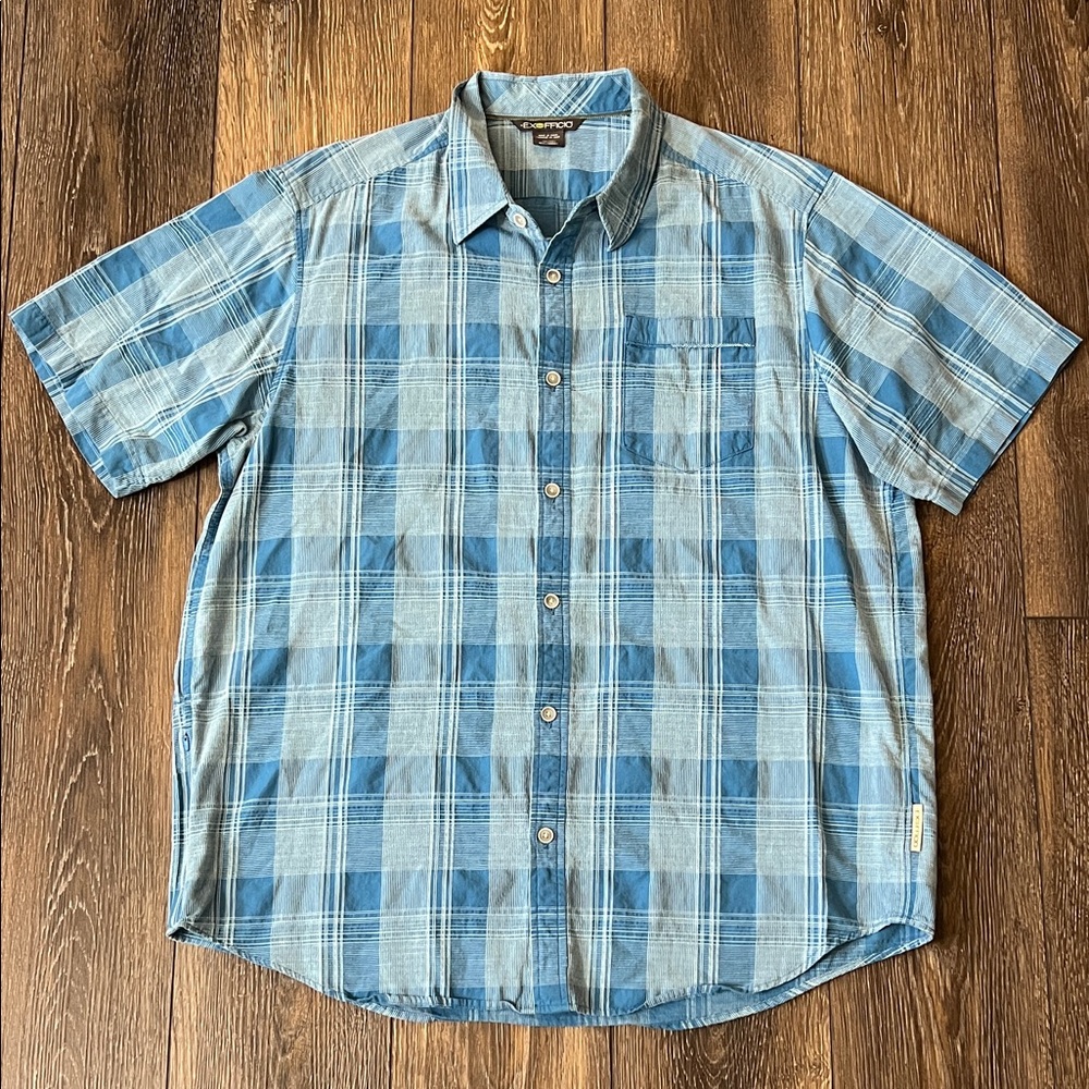 Exofficio Blue Plaid Short Sleeve Button Down Shirt Mens Size 2XL